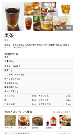 麦茶の検索結果にでる成分表